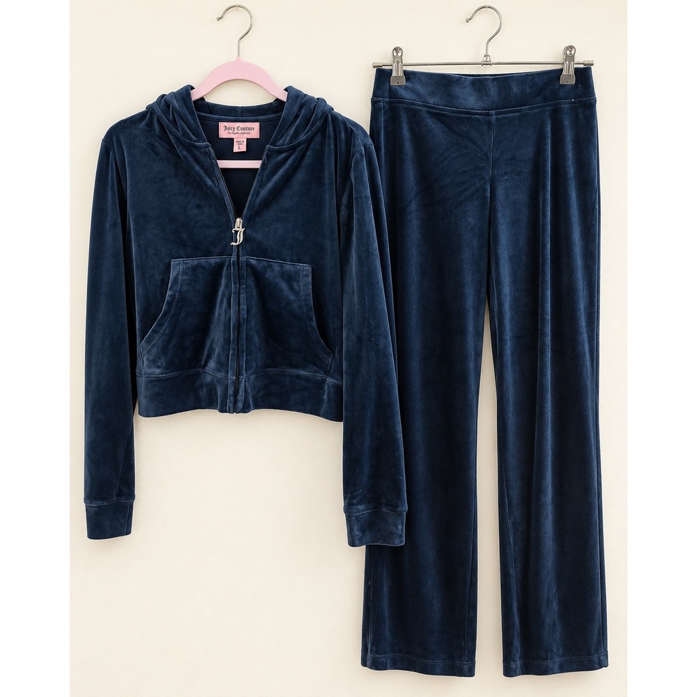 Juicy Couture Navy Blue Velour Tracksuit Rhinestone Logo Hoodie L Pants S Set